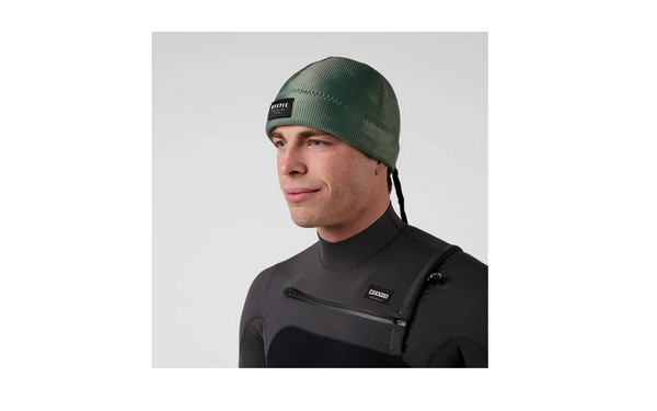person wearing the Mystic beanie neoprene olive green 